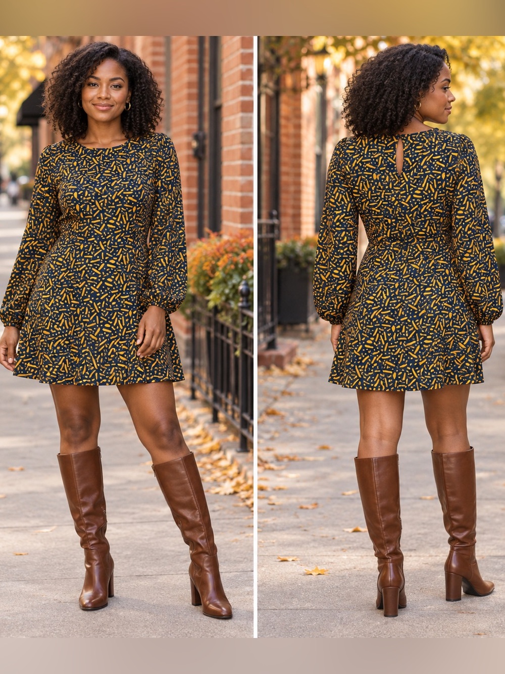 Kaileigh Navy Orange Abstract Print Long Sleeve Fit Flare Mini Dress Small NWOT